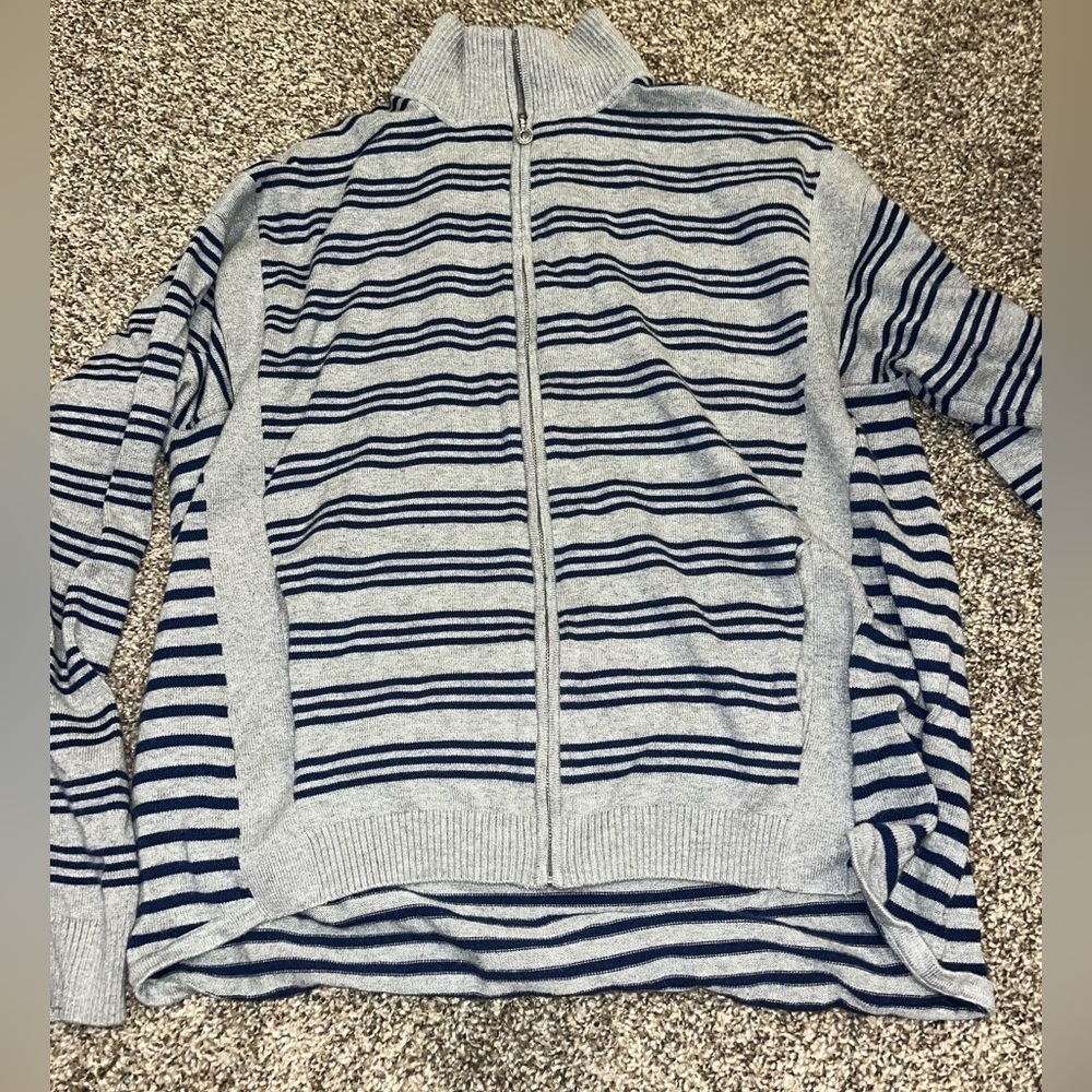 Tommy Bahama Sweater Mens M Gray Full Zip Striped Mock Neck Long Sleeves Knit